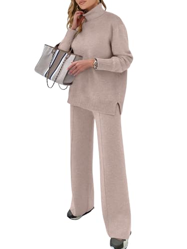 ANRABESS Womens 2 Piece Outfits Turtleneck Matching Lounge Set Sweater Top Wide Leg Pants Fall Cozy Knit Sweatsuit Loungewear