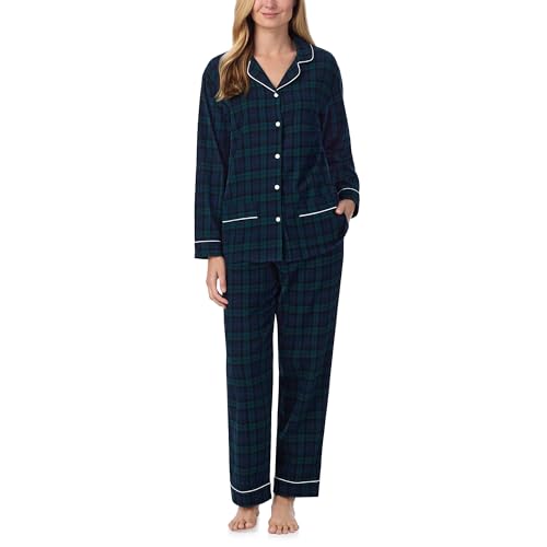 Lanz of Salzburg Sleepwear for Women Classic Notch Collar Long Sleeve Flannel Pajama Set - Blue Green Plaid, Medium
