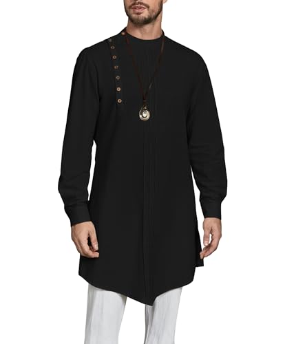 Gafeng Mens Kaftan Thobe Long Sleeve Robe Gown Casual Cotton Linen Button Muslim Shirt