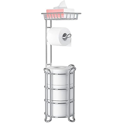 Upgrade Toilet Paper Holder Standing, Chrome Freestanding Toilet Paper Roll Holders with Shelf, Toilet Tissue Holder for bathroom Cover