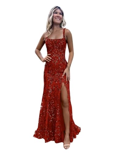 Spaghetti Strap Mermaid Sparkly Sequin Prom Dresses with Slit for Women 2025 Square Neck Formal Gowns NO2433