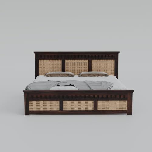 Image of Sheesham Wood King Size Cane Bed Without Storage Wooden Double Cot Palang Furniture for Bedroom Living Room Home Hotel (Walnut Finish) 1 Year Warranty