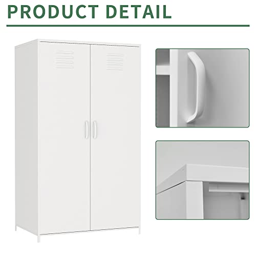 Lissimo Children Wardrobe Storage Cabinet,Metal Lockers With 2 Shelves And Hanging Rod For Kids Toy Clothes Books Storage Organizer (White 18.11" D X 29.92" W X 50.78" H) #TOP5