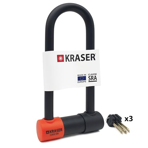 KRASER KR85M Robusto Candado Moto U Bloqueo, Homologado SRA, Alta Seguridad Testada, Arco 85x250mm ø18mm Doble Cierre, Cerradura Antiganzua, Antirrobo U Lock para Motocicleta, Scooter, Bici Eléctrica