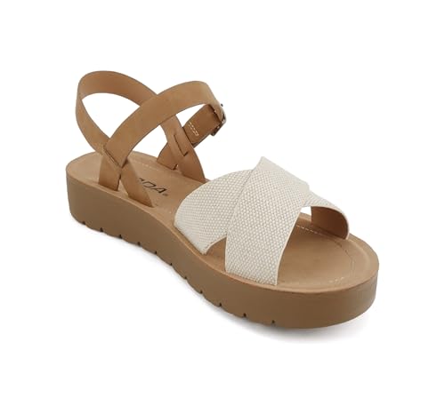 Soda CHESTER ~ Women Flat Sandals Flatform Ankle Buckle Criss Cross Band Straps Sandals Shoes (Gold Raffia, 5.5) - Image 5
