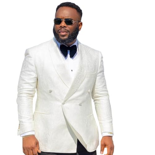 Luxury White Jacquard Double-Breasted Tuxedo Blazer, Shawl Lapel, Slim Fit, Formal Wedding Suit Jacket