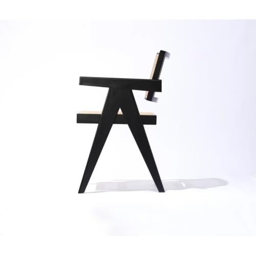 Image of Solid Wood Arm Chair with Cushion and Cane Back Support Chair Living Room Bedroom Home Wooden Armchair Furniture Garden Balcony Outdoor & Indoor (Black Chair with Cane)