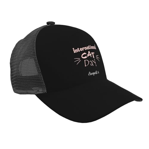 Happy International Cat Day August 8 Baseball Mesh Cap Trucker Hat Polyester Twill Fabric Adjustable Running Workouts Or Outdoor Activities All Seasons for Men and Women,Made in USA Black