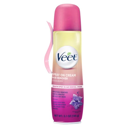 Hair Removal Cream – VEET Legs & Body 3 in 1 Spray On Hair Removal Cream, Sensitive Formula with Aloe Vera and Vitamin E, 5.1 oz Spray Can