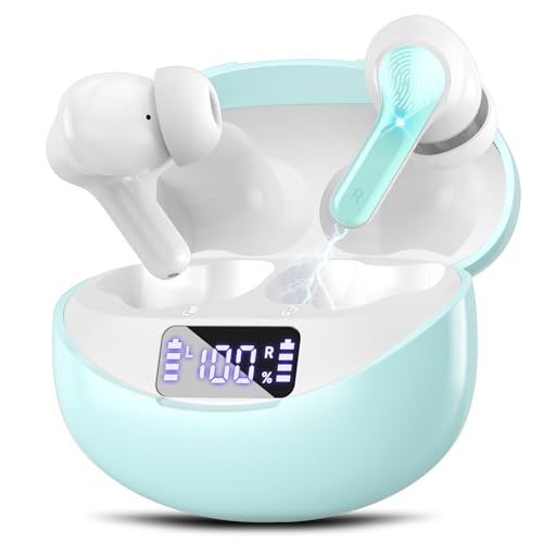 Image of Wireless Earbuds, 50H Playback LED Digital Display Ear Buds with Bluetooth 5.3 Headset, IPX7 Waterproof Earphones for Running /Workout Light Green