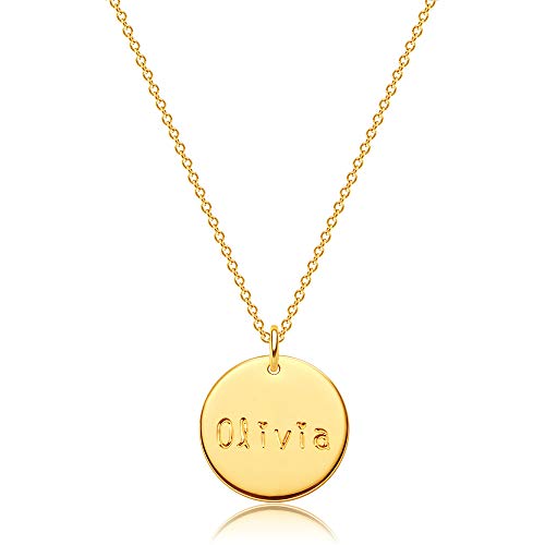 MEVECCO Personalized Name Disc Pendant Necklace 18K Gold Plated Custom Script Minimalist Name Necklace Signature Disk Necklace for Women Ideal Meaningful Birthday