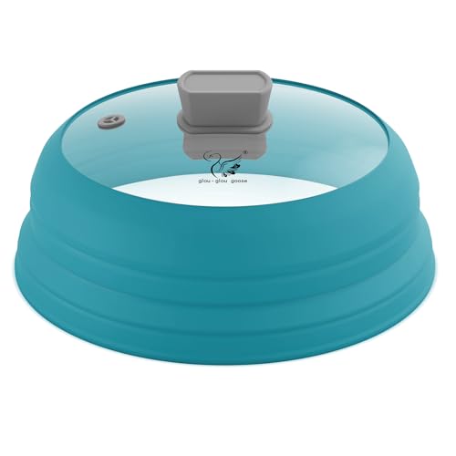 Microwave Splatter Cover Glass Cover Splatter Guard Lid with Collapsible Silicone for Food Cover Plate Cover 11.8 inch Blue