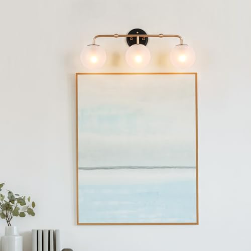 Image of KSANA Bathroom Light Fixtures, 3-Light Black and Gold Vanity Lights with White Frosted Glass Shade, 24.5-inch Modern Bathroom Lighting Over Mirror