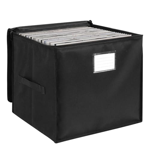 bruwaa 12-inch Vinyl Record Storage BoxRecord Storage Case with Lid & Handles Stackable & Collapsible Records Crate Holds up to 90 LP Records Organizer for Valuable Albums CDs - Black