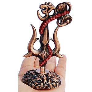 Image of Shivji Trishul Damru and Aum Idol for Mandir, Shiva Idol Car Dashboard Decoration Items Statue Metal Showpiece for Pooja Room Home Decor