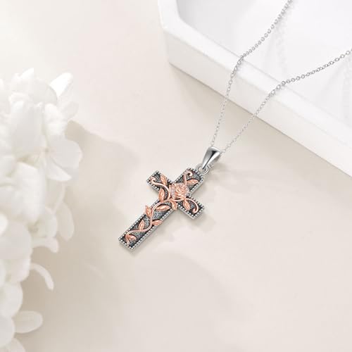 LUHE Women's Cross Necklace Sterling Silver Rose Flower Cross Pendant Necklace Rose Gold Jewelry Gifts for Women Girls3