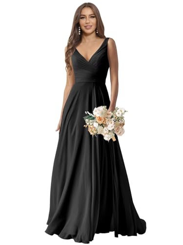 Image of Sukleet V Neck Bridesmaid Dresses Long for Wedding Pleated Chiffon A Line Formal Wedding Guest Dress
