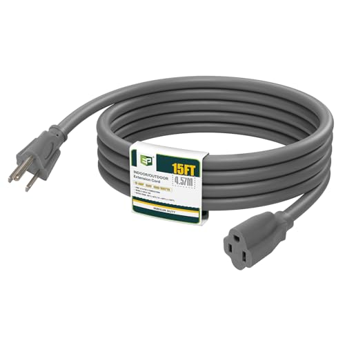 EP 15FT Outdoor Extension Cord 16/3 SJTW Heavy Duty Grey ETL Listed