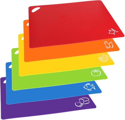 RONMOSNEA Schneidebretter Schneidematten 6er Set, flexibel Schneidebrett, spülmaschinenfest, BPA-Frei, rutschfest, Kunststoff, Lebensmittel-Symbole, groß 38 x 30,5 cm