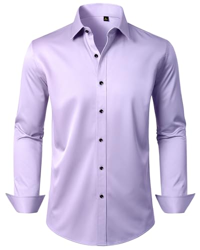 Alimens & Gentle Lavender Dress Shirt for Men Stretch Wrinkle Free Long Sleeve Slim Fit Casual Prom Button Down Shirts Party L