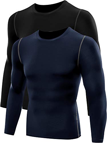 Neleus Men's 2 Pack Long Sleeve Compression Shirts Dry Fit Athletic Workout Shirt,008,Black/Navy Blue,US S,EU M