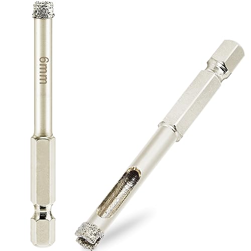 1/4 inch Diamond Hole Saw, Wet Use, 1/4" Diamond Drill Bit for Porcelain Tile Glass Granite Ceramic Marble Stone, 6mm Tile Bits x 2 Pack (1/4" Hex Shank)