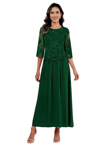 Long Chiffon Mother of The Bride Dresses for Women with 3/4 Sleeves Lace Applique Formal Wedding Guest Dress