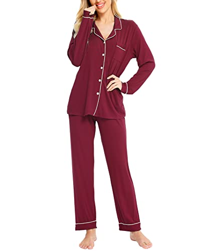 Image of SWOMOG Womens Pajamas Set Long Sleeve Sleepwear Button Down Nightwear Soft Cotton Pj Lounge Sets