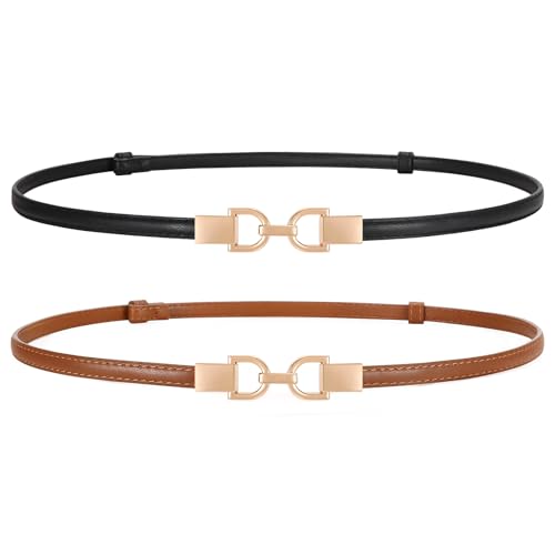 2 Pack Skinny Leather Belts for Women Thin Waist Belts with Adjustable Gold Buckle for Dresses, Coats and Jeans