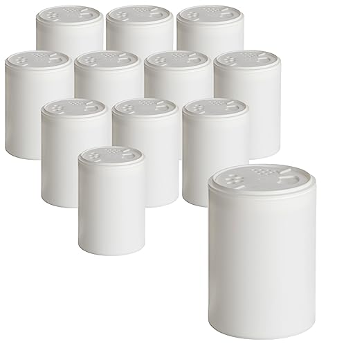 gouveo Lot de 12 pots à épices blancs 150 ml avec couvercle à saupoudrer – Boîtes à épices en plastique avec 3 tailles de litière – Éplucheur vide pour herbes, épices ou accessoires de bricolage