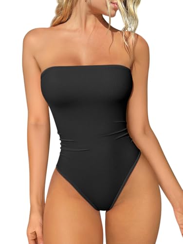 OQQ Womens Tube Bodysuits Strapless Basic Sleeveless Ruched Stretch Classic-Fit Tops Sexy Bodysuits