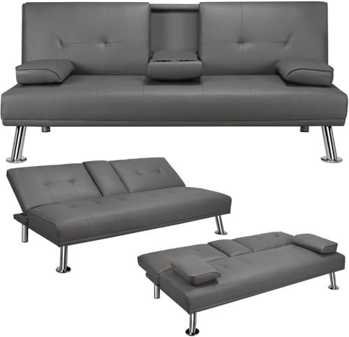 Pu Leather Convertible Futon Sofa Bed,Modern Couch Loveseat Sleeper, 3 in 1 Comfy Folding Recliner Couches Bed for Small Spaces Living Room, Adjustable Backrest, 2 Cupholders for Office (Gray)