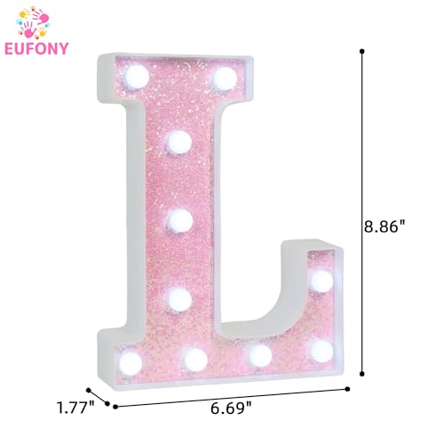 Image of Pink Glitter Marquee Light Up Letters, Battery Operated LED Letter Lights Signs for Pink Birthday Party Table Decorations, Wall Decor for Girls Bedroom, Initial Letter L with Cool White Lights