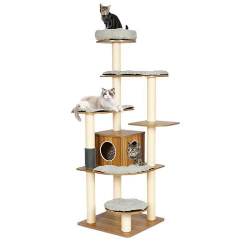 KAMABOKO 69”H Tall Wood Cat Tree, Large Cat Tower Multi-Level Platforms with Sisal Scratching Posts, Cat Condo for Large Cats 20 lbs Heavy Duty (69” H Wood Brown) by KAMABOKO - Used condition - US$94.91