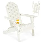 Costway Outdoor Folding Adirondack Chair, Weather Resistant Plastic Lounger with Cup Holder, All-Weather Chair for Fire Pit, Patio and Backyard (White)