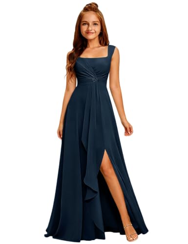 MRHUSH Navy Blue Girls' Junior Bridesmaid Dresses Size 16 - Chiffon A-Line Pageant & Wedding Gown