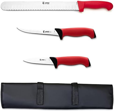Jero 4 Piece Smoked Meat And Grilling Knife Set - Jero Exclusive Wide Blade Granton Edge Slicer - 6" Boning Knife - 4" Utility Knife - Comes with Knife Roll - Made in Portugal
