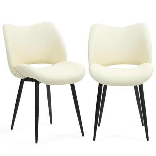 Modern Upholstered Dining Chairs Set of 2 Accent Dinner Chair with Pu Faux Leather and Middle Curved Back for Kitchen Living Room Bedroom (Beige)