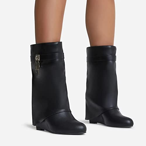 Kluolandi Fold Over Boots For Women With Padlock Almond Toe Mid Calf Wedge Heel Boots Pull On Short Booties Black Size 9 #TOP1