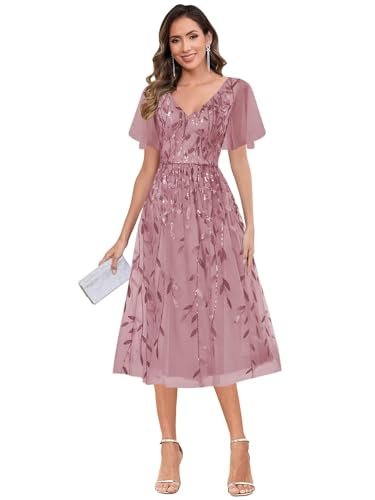 Sequin Mother of The Bride Dresses for Wedding V Neck A Line Tulle Formal Evening Gown with Ruffle Sleeve