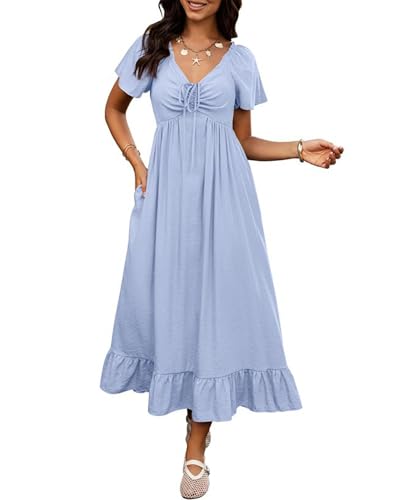 Image of BTFBM Womens Summer Dresses 2026 Casual Short Sleeve V Neck Drawstring Wedding Guest Maxi Dresses Boho Beach Long Dress