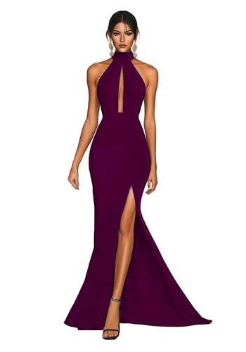 YJNXHN Halter Mermaid Evening Dresses for Women Elegant Classy Formal Party Gown Long Prom Dress with Slit