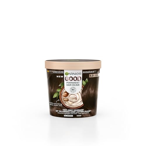 Garnier GOOD Permanent Hair Dye 4.0 Cacao Brown. Achieve 100% grey coverage and 8-week colour. No ammonia vegan shea butter formula offers rich natural tones for all hair types.