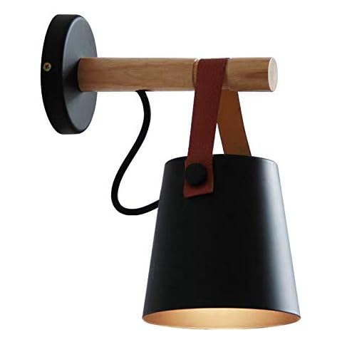 Wall Light Sconce Modern Wooden Leather Decorative Led Wall Lamps E27 Base Lighting Fixture for Living Room Bedroom Bedside Study Porch Aisle Corridor (Black) Cover