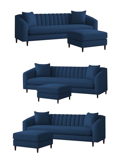 Image of Casaliving Doraldo 4 Seater L Shape Convertible Sofa Set for Living Room, 3 Seater & Ottoman Modular Sectional Couch for Small Space (Blue Colour) Fabric