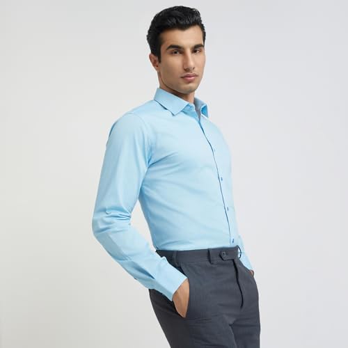 Image of Raymond Men Slim Fit Structure Pattern Pure Cotton Semi Cutaway Collar Full Sleeve Formal Shirt