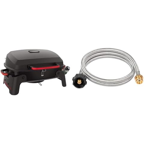 Megamaster 820-0065C 1 Burner Portable Gas Grill Bundle with Propane Adapter & Hose for Coleman Stoves, Weber Q Grills, Buddy Heaters Cover