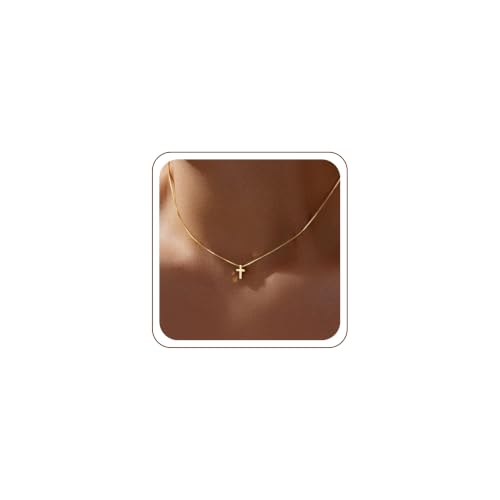 Poxtex Gold Cross Necklace for Women Teen Girls Dainty Cute 14K Gold Plated Small Cross Pendant Trendy Jewelry Non Tarnish Waterproof Simple Necklace Religious Christian Baptism Jesus Faith Gifts
