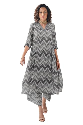 Toochki Dress For Women | Two Piece Dress For Women Long | Dress | Maxi Dress For Women | Dresses | Zig Zag Printed Dress | Cotton Dress For Women | Flared Dress | Dress With Palazzo For Womens Grey