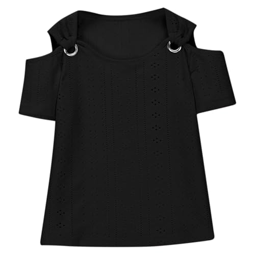 Girls Cold Shoulder Eyelet Blouses Short Sleeve T-Shirts Cotton Tees for Tween Girls Trendy T-Shirt Loose Casual Tops2